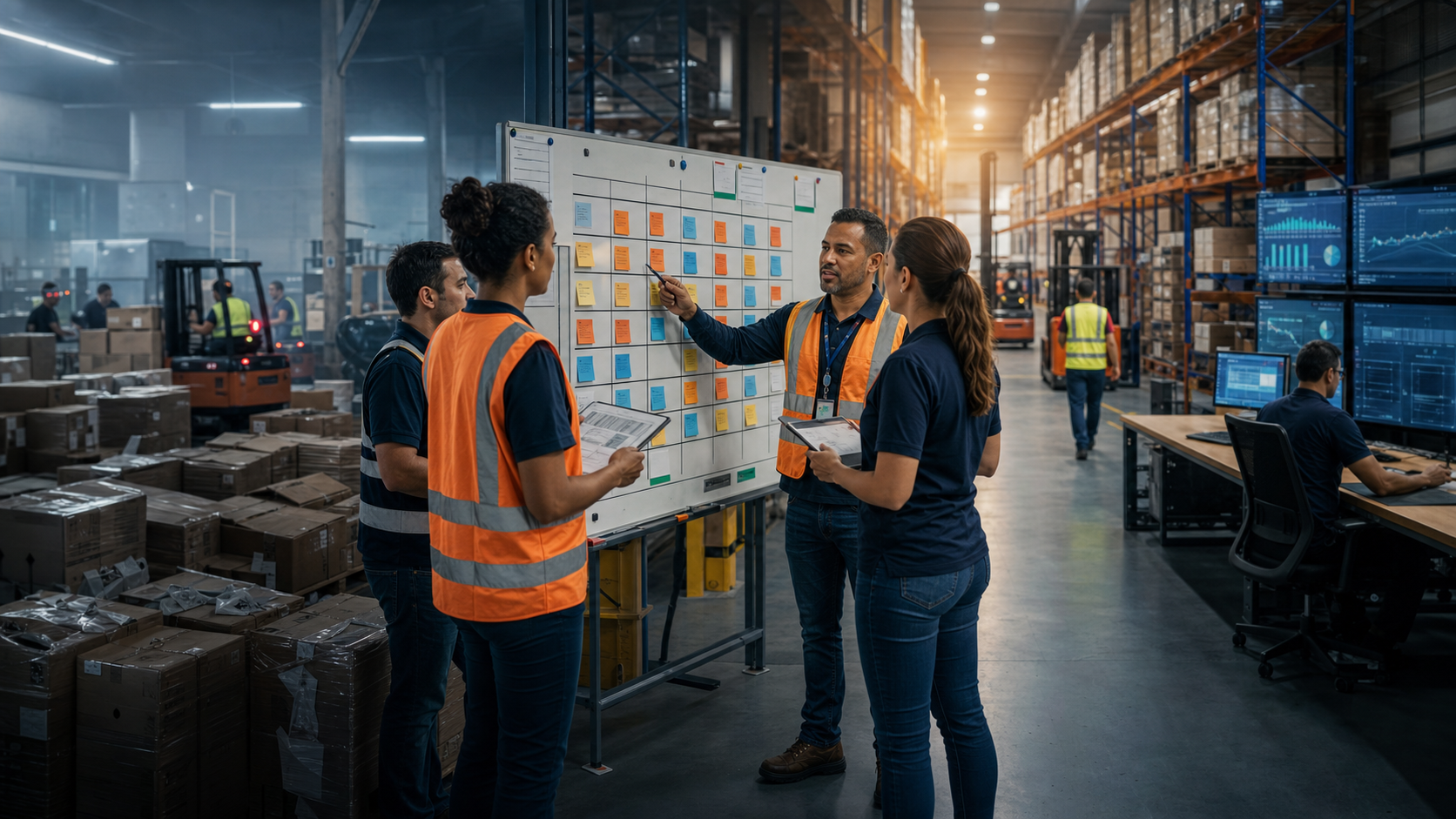 Equipe logística usando quadro Kanban para organizar prioridades e sair do caos operacional